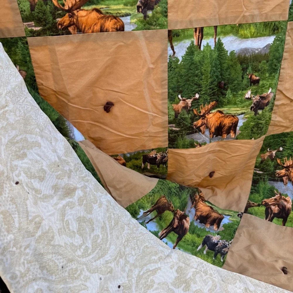Handmade Vintage Moose Patchwork Quilt Blanket Brown Green Rustic Cabin Lodge